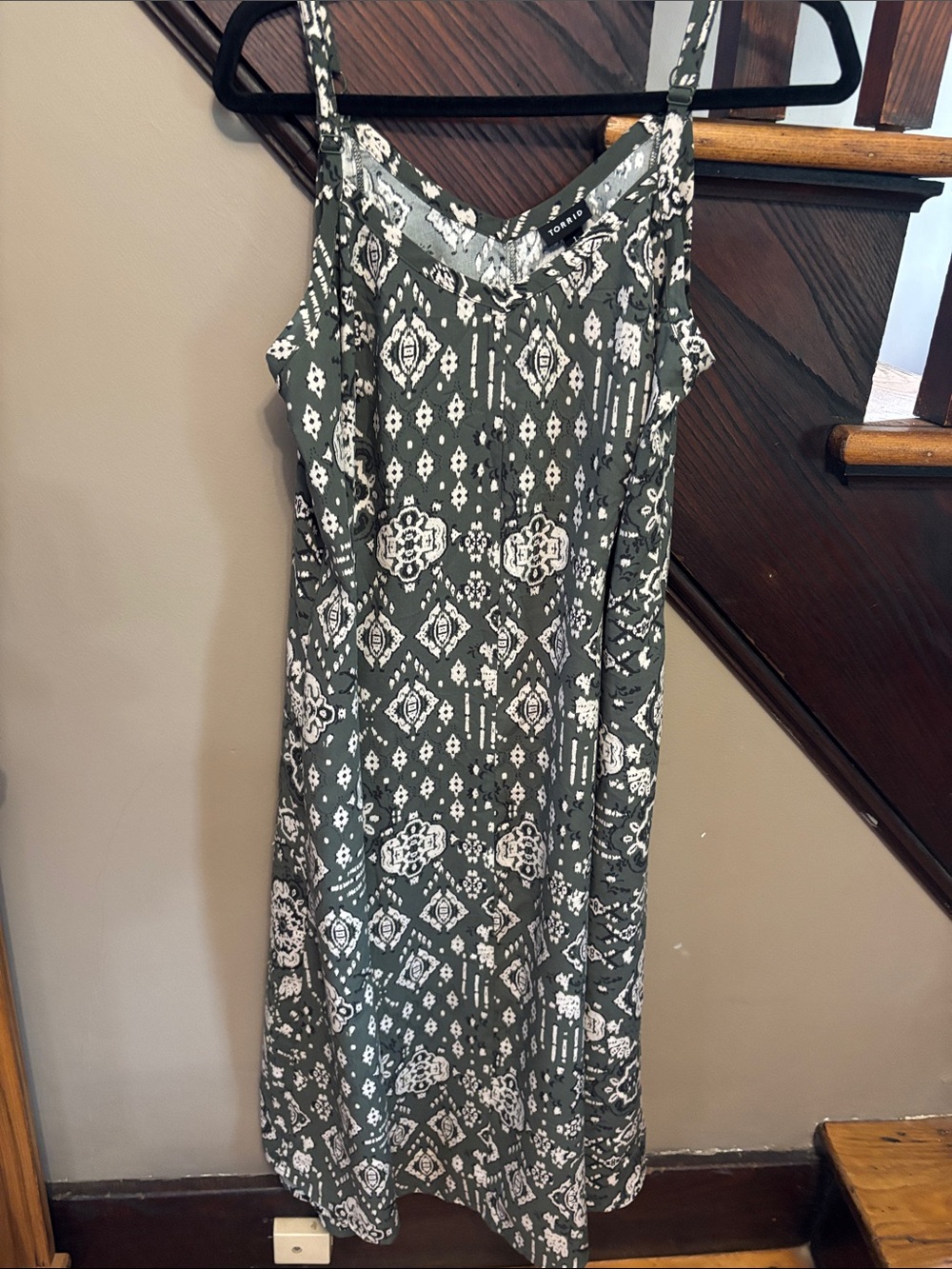 torrid Olive Green Printed Midi Dress with White Geometric Motif